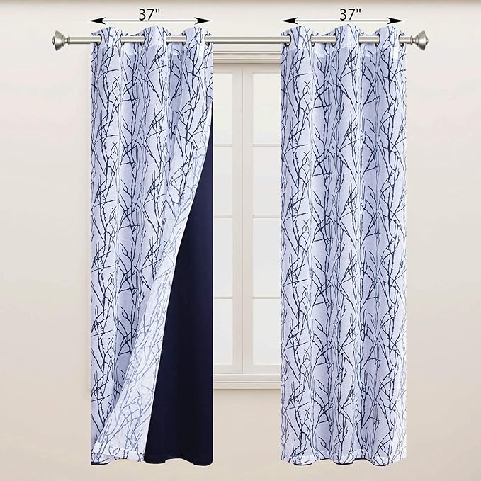 BONZER Mix and Match Curtains - 2 Pieces Branch Print Sheer Curtains and 2 Pieces Blackout Curtains for Bedroom Living Room Grommet Window Drapes, 37x63 Inch/Panel, Indigo, Set of 4 Panels