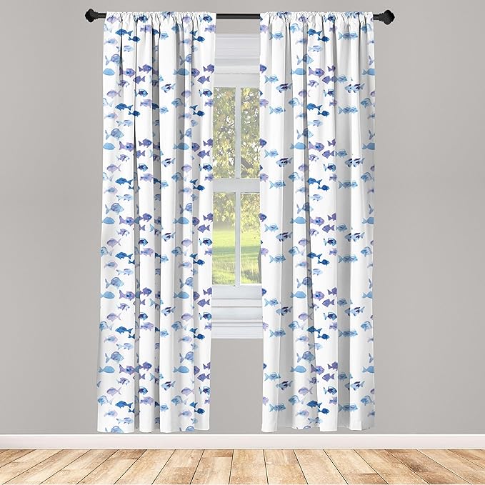 Ambesonne Animal Window Curtains, Little Fishes Watercolors Ocean Underwater Life Marine Theme Art, Lightweight Decor 2-Panel Set with Rod Pocket, Pair of - 28" x 95", Blue