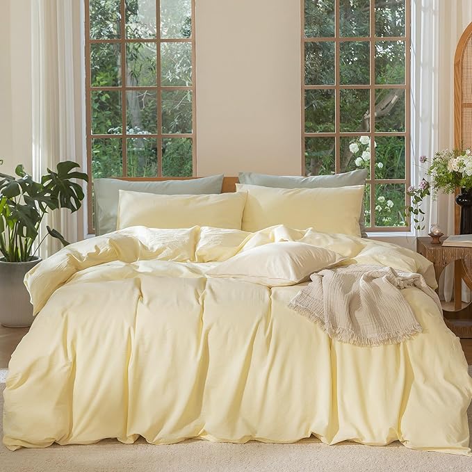 MooMee Bedding Duvet Cover Set 100% Washed Cotton Linen Like Textured Breathable Durable Soft Comfy (Heathered Butter Yellow, Oversized Queen 98"x98")