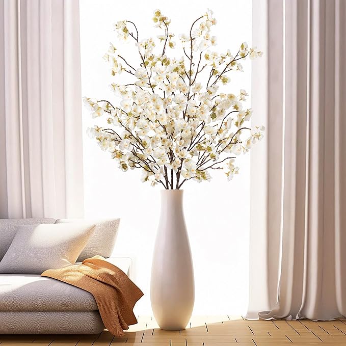 4 Pcs Artificial Cherry Blossom Flower Branches, Bulk Silk Faux Flowers Real Touch Bouquet for Home Wedding Party Centerpieces Spring Summer Decor, Vase Not Included (White)