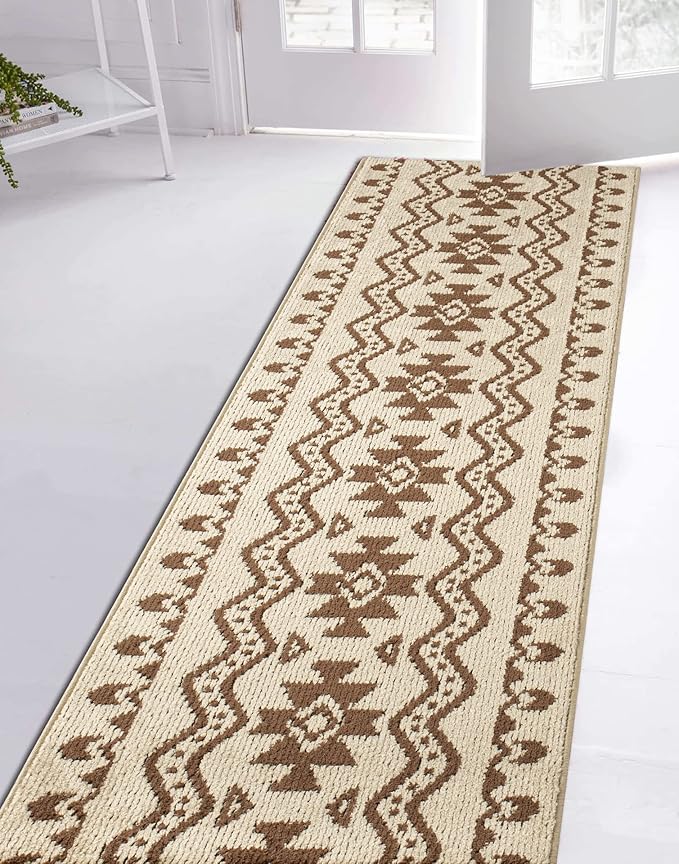 Custom Length Cut to Size Tribal Ethnic Southwestern Inspired Hallway Runner Rug, Non Slip Rubber Backed, 31 inch Wide X Customized Length, Aztec Beige, 31 inch X 18 feet