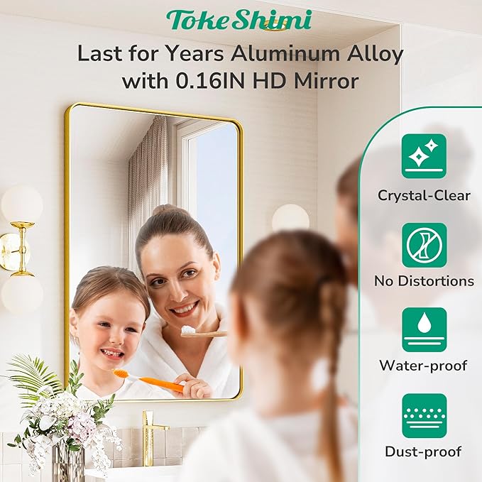 TokeShimi 48x30 Wall Mirror for Bathroom,Brushed Gold Bathroom Vanity Mirror Modern,Tempered Glass,Large Bathroom Mirror Rectangle,Metal Framed Bathroom Mirror(Horizontal/Vertical)