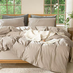 MooMee Bedding Duvet Cover Set 100% Washed Cotton Linen Like Textured Breathable Durable Soft Comfy (Heathered Taupe, Super Queen 90"x98")