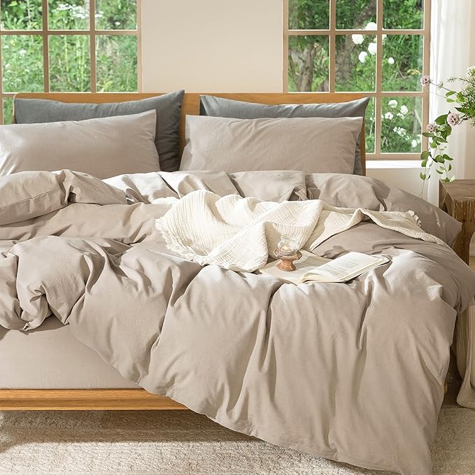 MooMee Bedding Duvet Cover Set 100% Washed Cotton Linen Like Textured Breathable Durable Soft Comfy (Heathered Taupe, Super Queen 90"x98")
