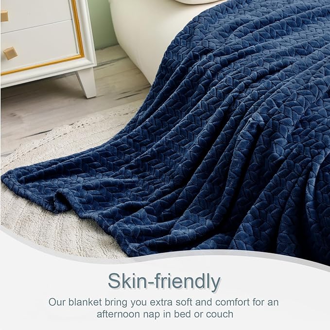 Exclusivo Mezcla Fleece King Size Blanket for Bed, 90x104 Inches Soft Cozy Jacquard Flannel Blankets, Lightweight Fuzzy Plush Warm for Winter, Navy Blue