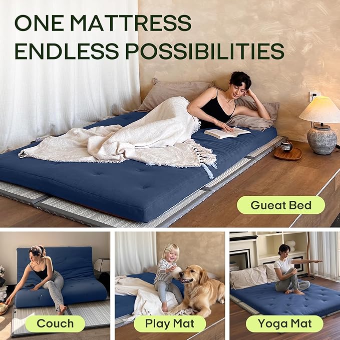ZonLi Japanese Floor Futon Mattress King Size 80"x 76", 100% Cotton Cover 2.5'' Thicken Tatami Mattress, Foldable Sleeping Pad, Portable Dormitory Tatami Mat, Roll Up Floor Lounger Bed for Adult