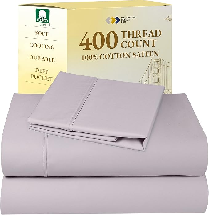 California Design Den Soft Twin Sheets Set - 400 Thread Count Sateen, Natural 100% Cotton Sheets, Deep Pockets, Cooling and Durable Bedding Set for Dorm Rooms & Adults - Dusky Lavender Grey