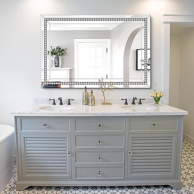 32" X 47" Large Wall Mirror for Decor Living Room, Rectangular Crystal Mirror with Glass Tiles Frame, Unique Horizontally/Vertically Hang for Living Room, Bathroom, Entrance Decor