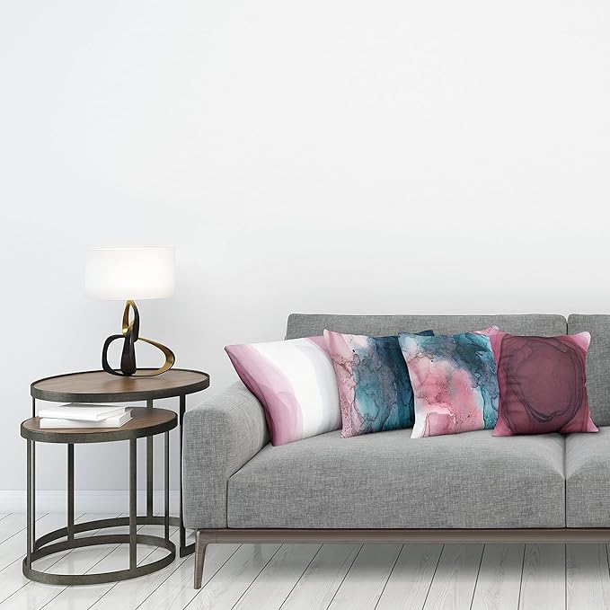 Ambesonne Marble Print Throw Pillow Cushion Case Pack of 4, Watercolor Effect Brushstrokes Stains and Hues Modern Bicolour, Modern Accent Double-Sided Digital Printing, 18", Petrol Blue and Dried Rose