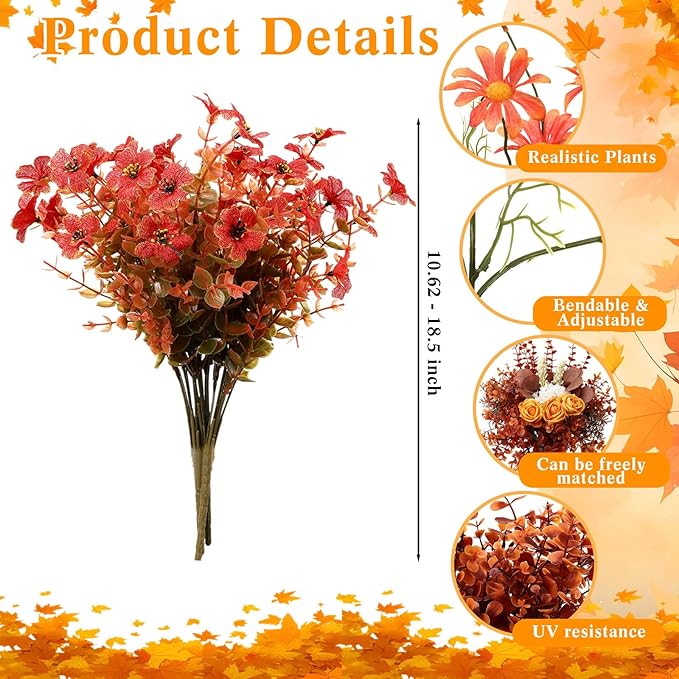 250 Pcs Artificial Fall Greenery Thanksgiving Eucalyptus Leave Floral Stems Silver Dollar Flower Bulk Fake Faux UV Resistant Shrubs Bushes DIY Bouquet Vase Floral Arrangement Table Decor