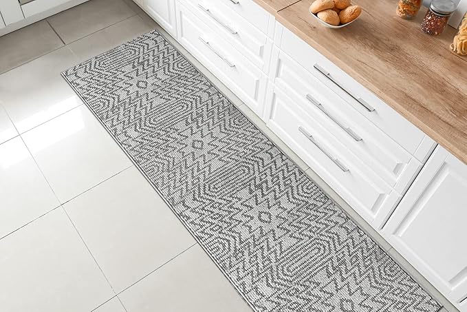 Custom Size Southwestern Style Runner Rug Mat for Wide Hallway Entryway Kitchen Laundry Room with Slip Resistant Latex Rubber Backing, Inca Grey, 31 inch X 15 feet