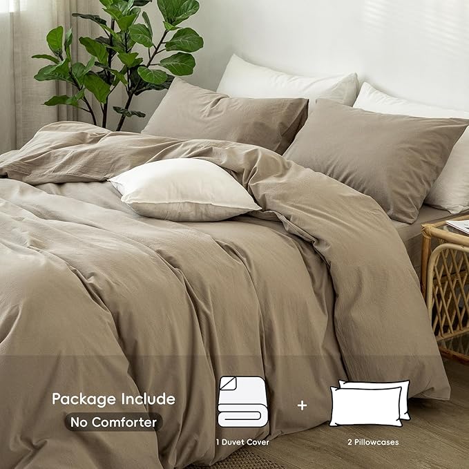 MooMee Bedding Duvet Cover Set 100% Washed Cotton Linen Like Textured Breathable Durable Soft Comfy (Solid Light Camel, Super Queen 90"x98")