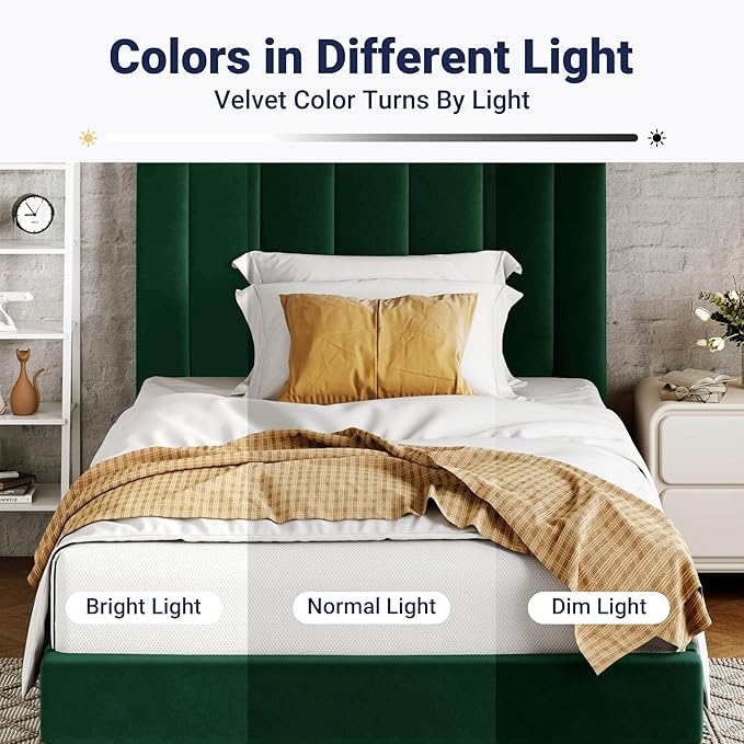 Allewie Twin Bed Frame/Velvet Upholstered Bed Frame with Vertical Channel Tufted Headboard/Strong Wooden Slats/Platform Bed Frame/Mattress Foundation/Box Spring Optional/Easy Assembly/Green