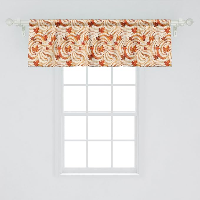 Ambesonne Fall Window Valance Pack of 2, Autumnal Theme with Swirly Intricate Shapes and Flying Leaves Print, Rod Pocket Curtain Valances for Kitchen Bedroom, 54" X 18", Ginger Marigold and Beige