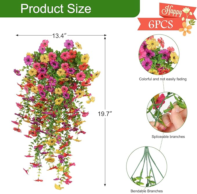 6 Pcs Artificial Hanging Mums Flowers Outdoor, Fake Hanging Flowers Silk Outside Plants for Outdoor Planter Patio Front Door Window Garden Decoration (6, Red, Purple, Rose Red, Yellow)