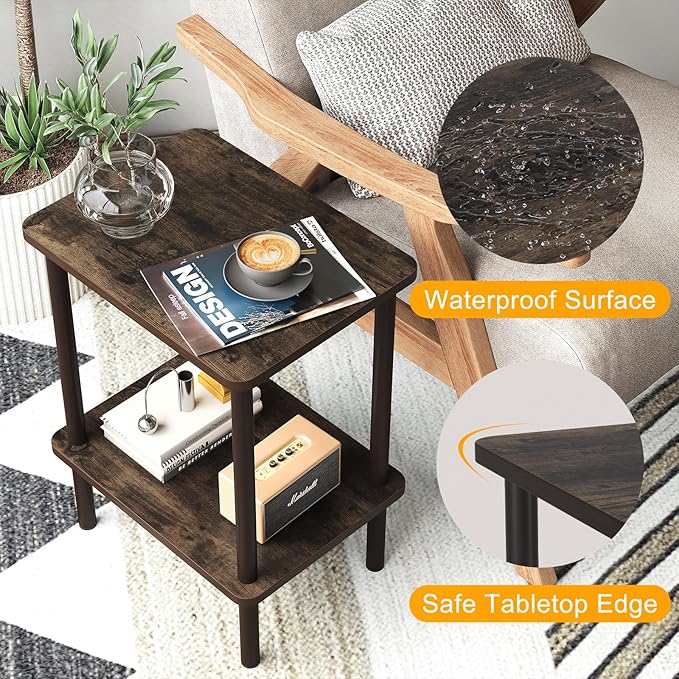 Apicizon 2 Tier End Table Set of 2, Small Side Table with Solid Wood Legs, Boho Bedside Table with Storage Shelf, Nightstand for Small Spaces, Bedroom, Living Room, Entryway, Rustic Oak
