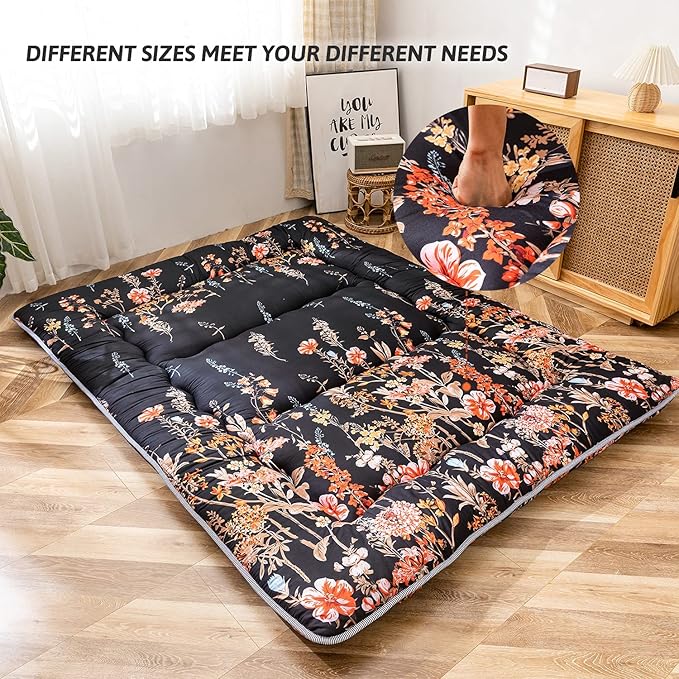 MAXYOYO Black Floral Japanese Futon Floor Mattress, Bed Mattress Topper Portable Thick Sleeping Pad Floor Bed Roll Up Camping Mattress Folding Couch Bed Mattress Pad for Guest Room, Queen