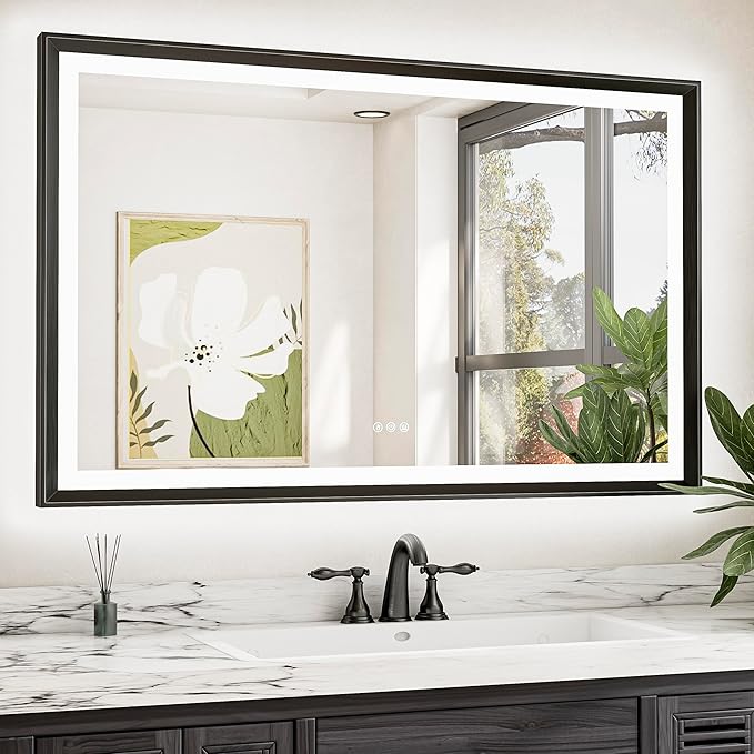 TETOTE Black LED Bathroom Mirror with Lights 48x30 Front & Back Light Vanity Framed Mirror Baroque Gothic Anti Fog Dimmable White/Warm/Natural,CRI90+,Waterproof,Wall Mounted(Horizontal/Vertical)