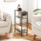 HOOBRO Small Narrow Side Table with Charging Station, Skinny End Table for Small Spaces, Slim Nightstand with USB Ports Outlet, Sofa Beside Table with Storage Shelf, Greige and Black BG102UBZ01