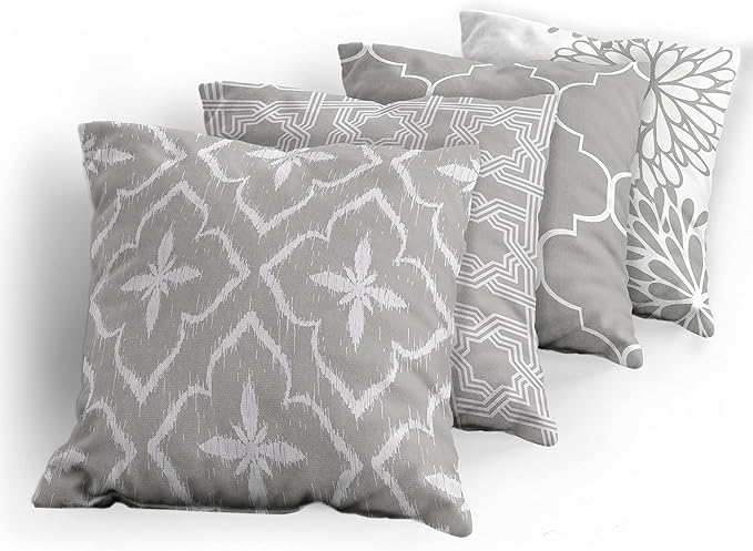 Ambesonne Vintage Throw Pillow Cushion Case Pack of 4, Monochrome Design Grid Trellis Quatrefoil Mesh and Dahlia Flowers Modern Print, Modern Accent Double-Sided Digital Printing, 20", Grey White