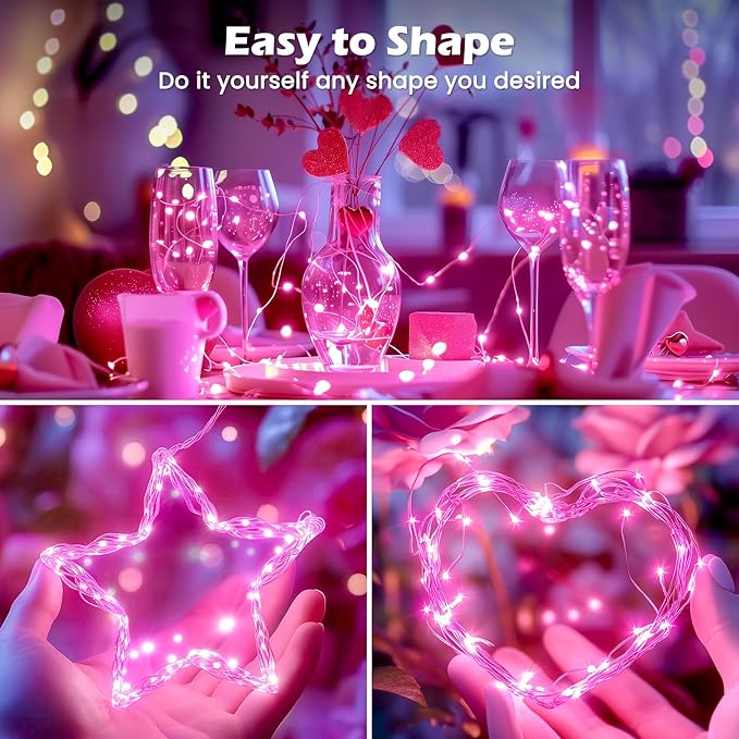 5 Pack Fairy Lights Battery Operated, 7 Feet 20 Led String Lights with Timer, Waterproof Firefly Lights on Silver Wire for Home Party Wedding Christmas Decorations, 6 Hours on/18 Hours Off, Pink