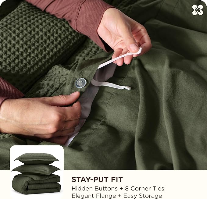 Bedsure Cotton Duvet Cover Queen - 100% Cotton Waffle Weave Olive Green Duvet Cover Queen Size, GentleSoft™ and Breathable Bedding Set for All Season, 3 Pieces, 90"x90"
