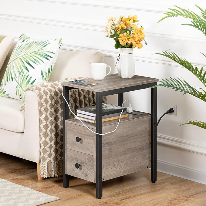 HOOBRO End Table with Charging Station, Narrow Side Table with 2 Drawers & USB Ports & Power Outlets, Nightstand for Small Spaces, Bedroom, Living Room, Stable and Sturdy, Greige and Black BG541BZ01
