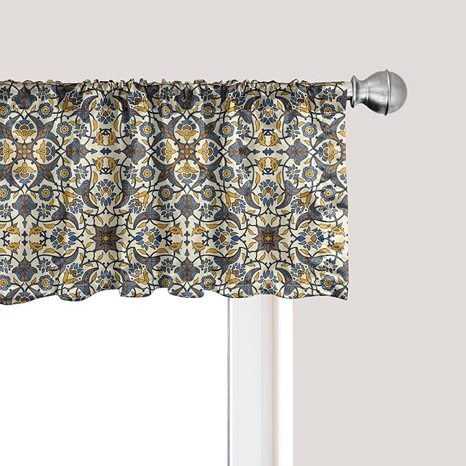 Ambesonne Turkish Pattern Window Valance, Flowers in and Traditional Style, Curtain Valance for Kitchen Bedroom Decor with Rod Pocket, 54" X 18", Earth Yellow Slate Blue