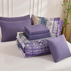 Boho King Size Comforter Set 8 Pieces, Violet Bohemian Striped Bed in a Bag, Paisley Soft Microfiber Bedding Comforter Set