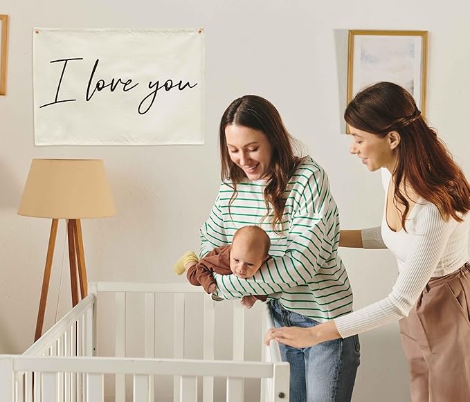 I love You Rectangular Canvas Banner-Boho Flag Wall Decor for Boy Girl Kids Friends,Nursery Babyroom Above Crib Bedroom Living Room Office-Baby Growth Stuff-Baby Shower Birthday Christmas Gift