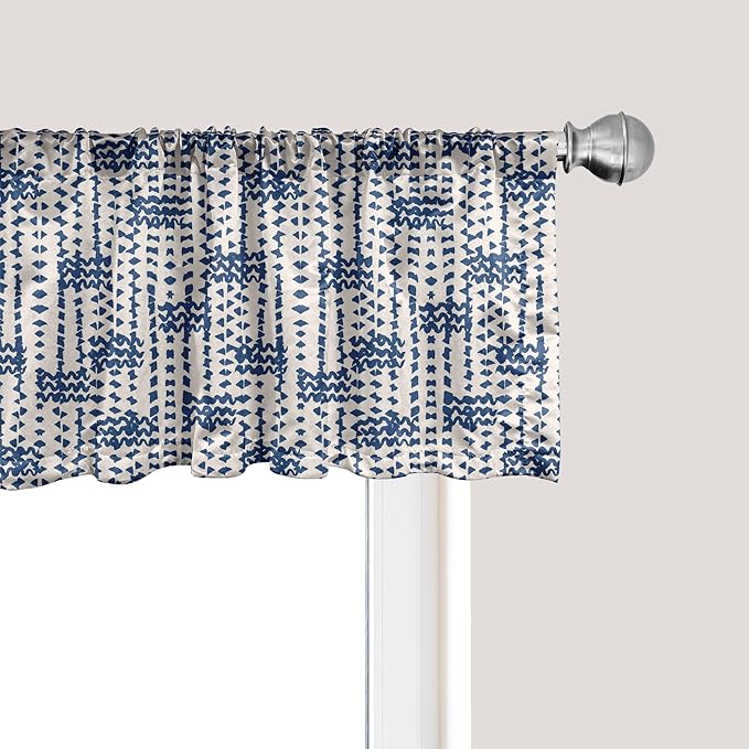 Ambesonne Ethnic Window Valance, Messy Waves and Small Triangles Indonesian Traditional Pattern Watercolors, Curtain Valance for Kitchen Bedroom Decor with Rod Pocket, 42" x 18", Navy Blue and Cream