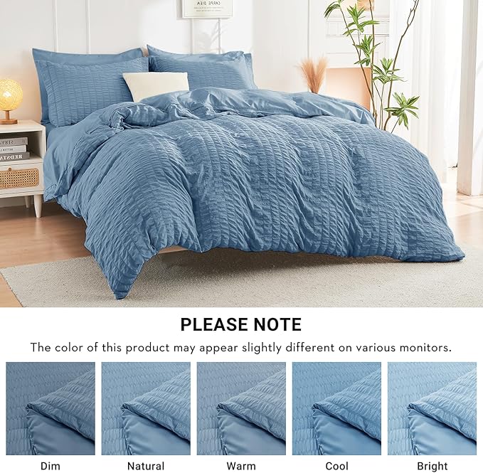 HYMOKEGE Mineral Blue King Size Comforter Set Seersucker 7 Pieces, All Season Luxury Bed in a Bag for Bedroom, Bedding Set with Comforter, Sheets, Pillowcases & Shams
