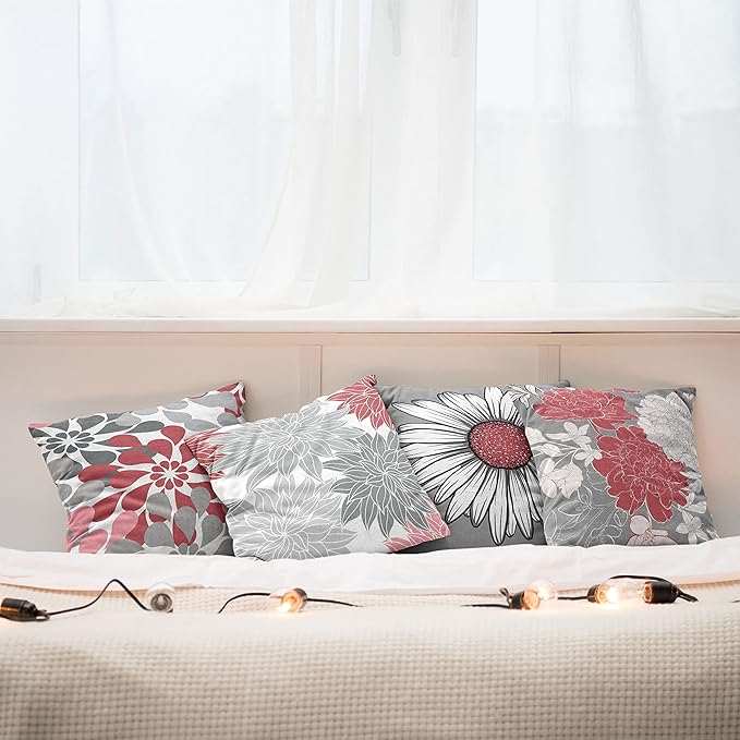 Ambesonne Floral Throw Pillow Cushion Case Pack of 4, Flower Petals Modern Color Palette Chamomile Peony Dahlia and Sunflower Print, Modern Accent Double-Sided Digital Printing, 16", Dark Coral Grey