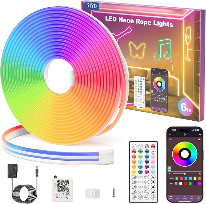 RIYO Neon Rope Lights, 20Ft RGB LED Strip Lights - App & Remote Control, Music Sync, IP67 Waterproof, Flexible Cuttable Neon Lights for Bedroom, Gaming, Party, Outdoor Decor, Multiple Modes