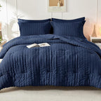 HYMOKEGE Navy Blue King Size Comforter Set Seersucker 7 Pieces, All Season Luxury Bed in a Bag for Bedroom, Bedding Set with Comforters, Sheets, Pillowcases & Shams