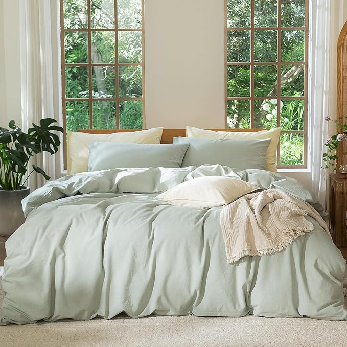 MooMee Bedding Duvet Cover Set 100% Washed Cotton Linen Like Textured Breathable Durable Soft Comfy (Heathered Sage Green, Oversized Queen 98"x98")