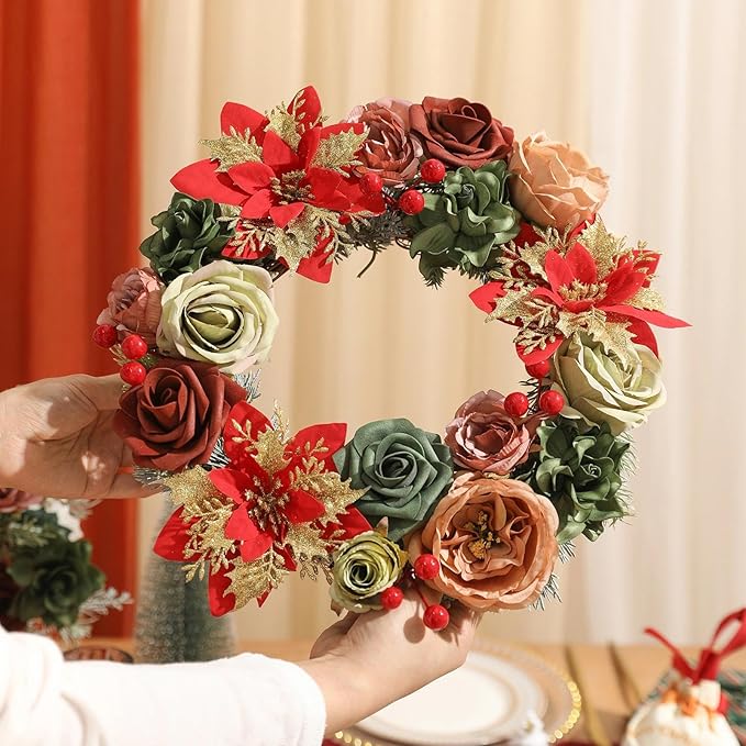 Artificial Christmas Flowers Set with Poinsettia, Fake Roses, Greenery Leaves & Stems for DIY Christmas Decor - Wreath, Tree Ornaments, Wedding Bouquets, Centerpieces, Home Floral Arrangement