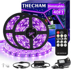 40ft Black Light Strip with Remote, 720 LED Lamp Beads, 12V Flexible Lights for Glow Party, Dimmable, Delay Off, 3 Light Modes, Indoor Fluorescent Party, Stage Lighting