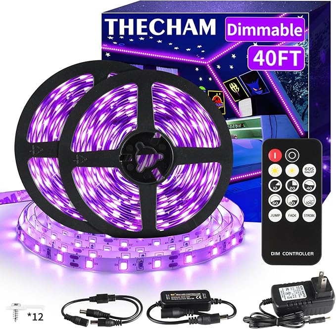 40ft Black Light Strip with Remote, 720 LED Lamp Beads, 12V Flexible Lights for Glow Party, Dimmable, Delay Off, 3 Light Modes, Indoor Fluorescent Party, Stage Lighting