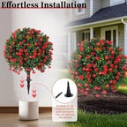 Artificial Boxwood Topiary Ball Trees with Red Rose, 2 Set of 16'' UV Resistant Fake Evergreen Shrubs Bushes Plants with Ground Spike Fake Plants for Outdoor Indoor Front Porch Garden
