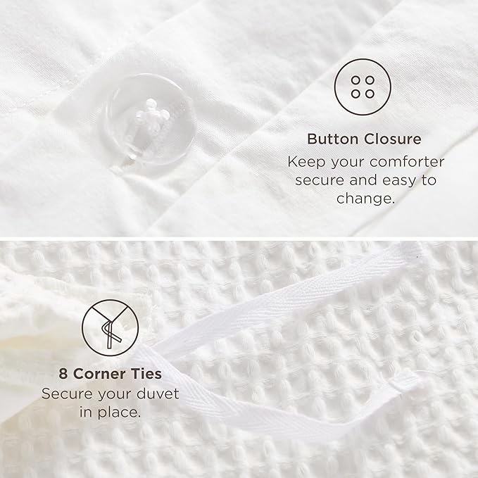 Bedsure 100% Cotton Duvet Cover Queen Size with Fitted Sheet - 4 Pieces Coconut White Waffle Weave Bedding Set, GentleSoft™ and Breathable, Includes 1 Duvet Cover 90x90, 1 Fitted Sheet, 2 Pillow Shams