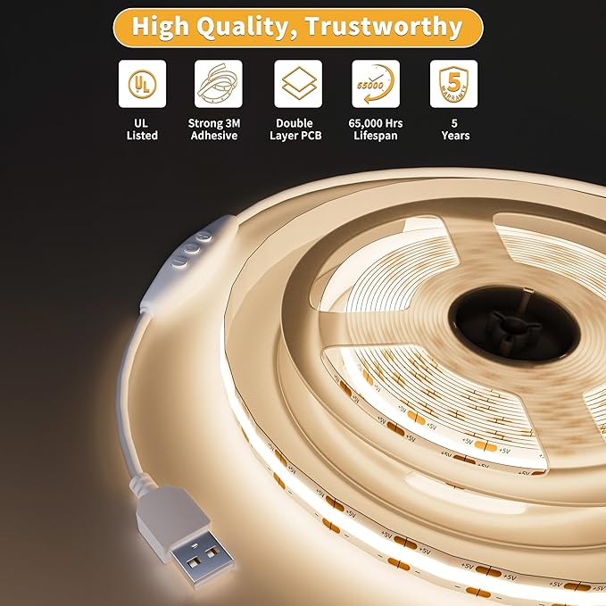 PAUTIX 5V USB COB LED Strip Light 6.56ft/2m 640LEDs Dimmable 4000K Natural White CRI90+ with RF Remote,1200lm,Flexible Tape Light for Under Cabinet,Bedroom,TV Backlight,Kitchen,Home DIY Lighting