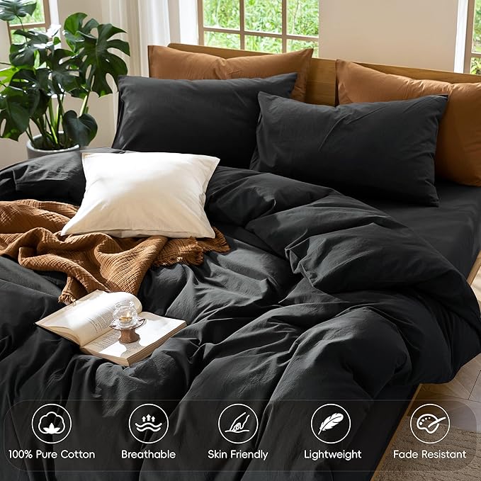MooMee Bedding Duvet Cover Set 100% Washed Cotton Linen Like Textured Breathable Durable Soft Comfy (Solid Black, Queen 90"x90")