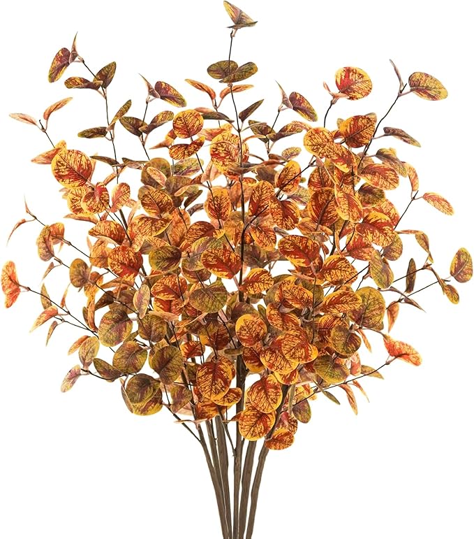 6pcs Artificial Fall Eucalyptus Leaves Stems 30" Faux Fall Leaf Fall Branches Autumn Decorations for Home Fall Floral Arrangements Farmhouse Table Centerpiece Decor, Yellow