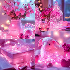 5 Pack Fairy Lights Battery Operated, 7 Feet 20 Led String Lights with Timer, Waterproof Firefly Lights on Silver Wire for Home Party Wedding Christmas Decorations, 6 Hours on/18 Hours Off, Pink