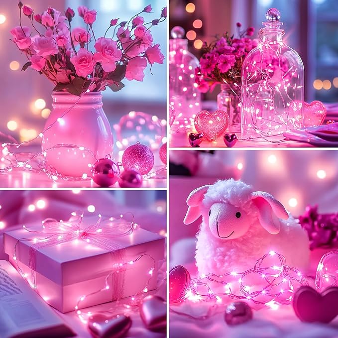 5 Pack Fairy Lights Battery Operated, 7 Feet 20 Led String Lights with Timer, Waterproof Firefly Lights on Silver Wire for Home Party Wedding Christmas Decorations, 6 Hours on/18 Hours Off, Pink