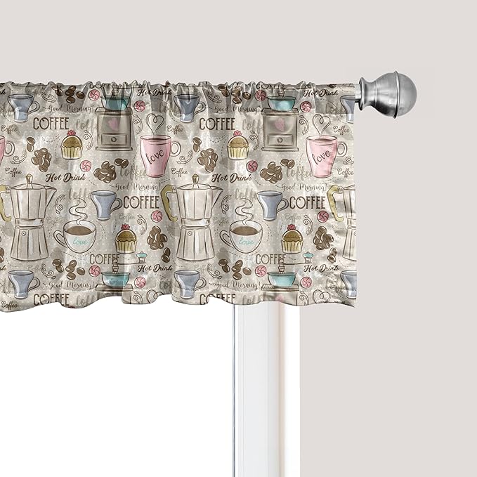 Ambesonne Modern Window Valance Pack of 2, Coffee Time Vintage Espresso Machine Cupcakes Beans Design, Rod Pocket Curtain Valances for Kitchen Bedroom, 42" X 12", Pale Pink Beige