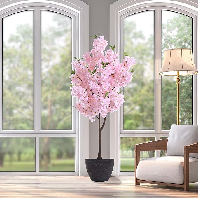 Artificial Cherry Blossoms Tree with Blooming Pink Flowers for Indoor Home Decor, Japanese Style Faux Plant for Living Room, Office, Bedroom - Tall Fake Tree with Branches, Outdoor Decoration 4FT