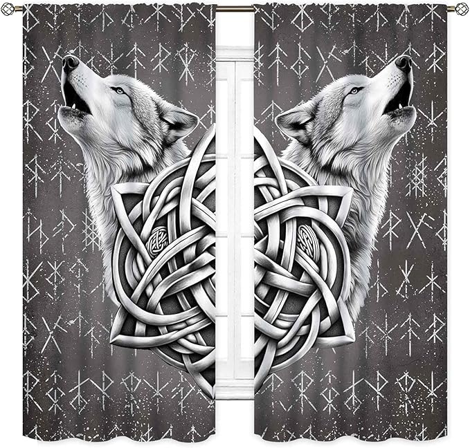 Viking Curtains, Gothic Nordic Wolf Celtic Rune Scandinavian Viking Runes Norse Mythology Aesthetic Retro Drapery for Bedroom Living Room Bathroom Window 2 Panel Set, 55"x63" Inch