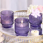 8 Pcs Large Lavender Votive Candle Holders, Tealight Ribbed Candle Holders Glass, Brildal Shower Table Decor,Wedding Centerpieces Table Decorations